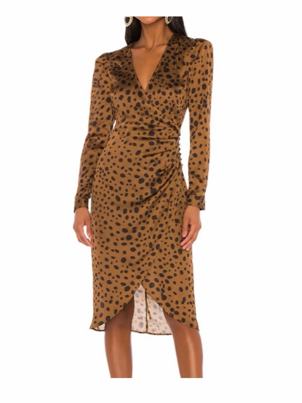 LPA Brown and Black Polka Dot Long Sleeve Wrap Midi Dress